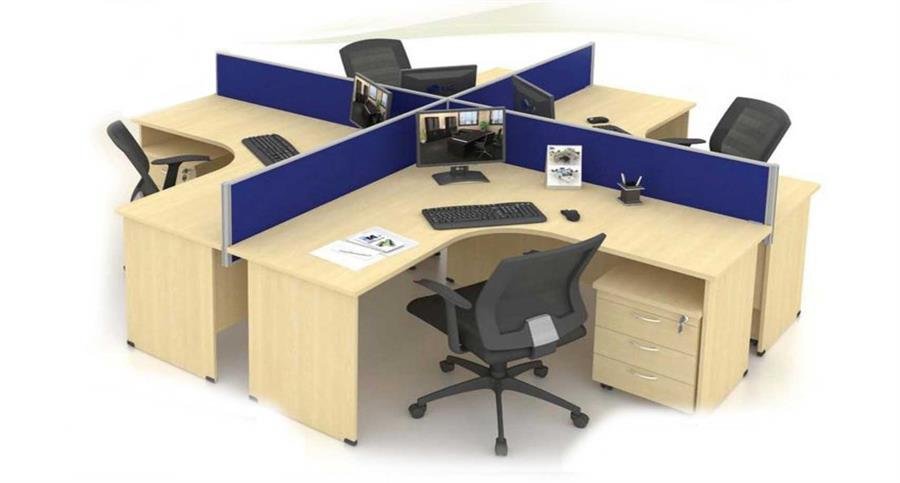 Workstation Compatibility Concept 4 Station Partition (Blue, Maple) with Maple Table Top and Low Height Partition [Compatibility Concept] Office Furniture