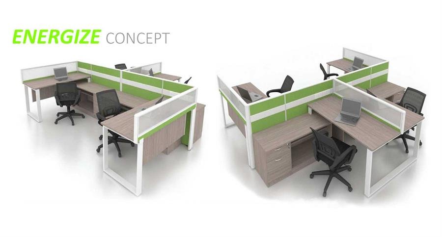Workstation Energize Concept 4 Station Partition (Apple Green, White, Thuja Light) with Thuja Light Table Top and Low Height Partition [Energize Concept] Office Furniture