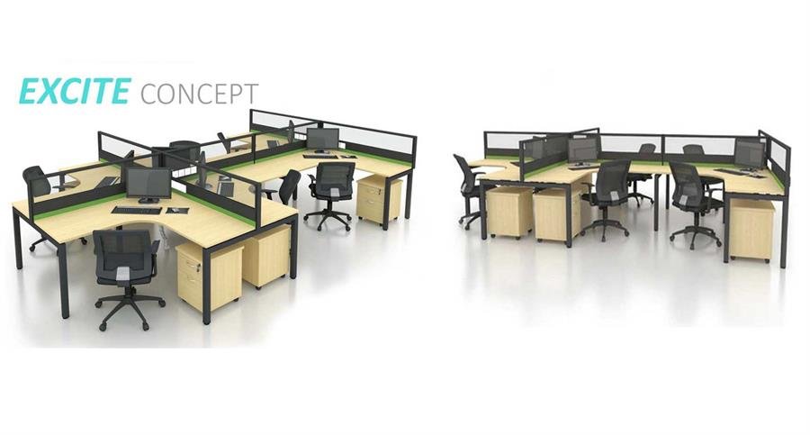 Workstation Excite Concept 6 Station Partition (Black, Green, Maple) with Maple Table Top and Low Height Partition [Excite Concept] Office Furniture