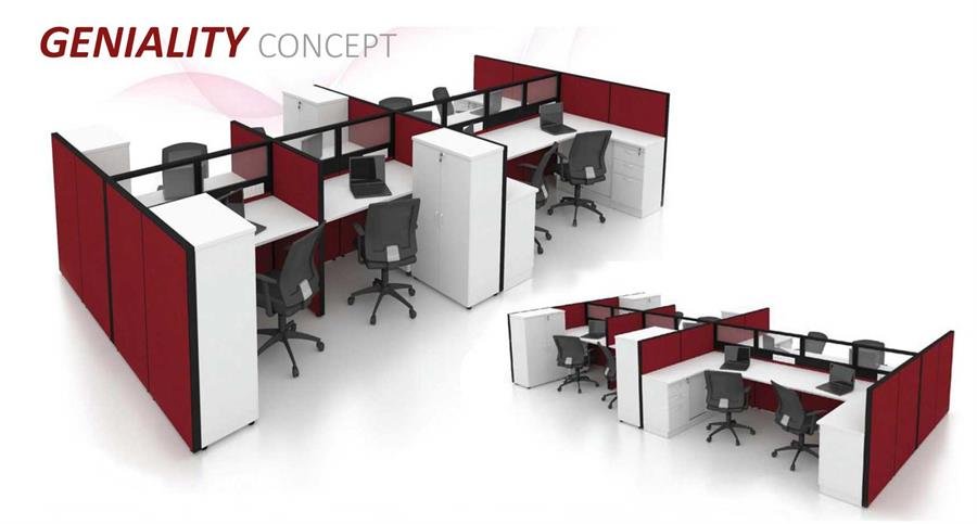 Workstation Geniality Concept 8 Station Partition (Red, Black, White) with White Table Top and Medium Height Partition [Geniality Concept] Office Furniture