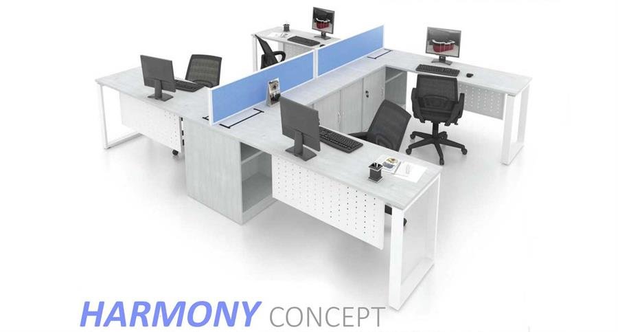 Workstation Harmony Concept 4 Station Partition (Light Blue, White, Elmer) with Elmer Table Top and Low Height Partition [Harmony Concept] Office Furniture