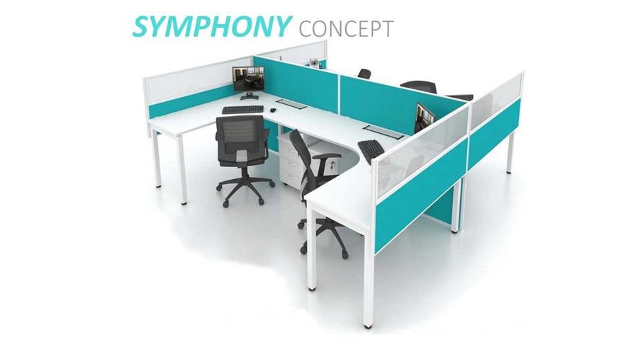 Workstation Symphony Concept 4 Station Partition (Cyan. White) with White Table Top and Medium Height Partition [Symphony Concept] Office Furniture