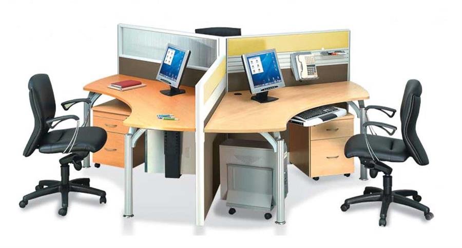 Workstation Island Concept 3 Station Partition (Brown, Yellow, Beech) with Beech Table Top, Medium Height Partition [Island Concept] Office Furniture