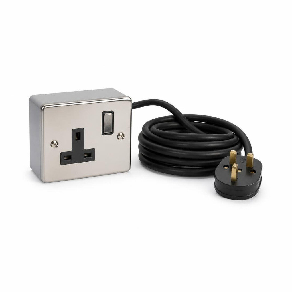 JET 8119 13A 1G METAL CLAD SWITCH SOCKET C/W 5M 40/0076 CABLE + PLUG TOP