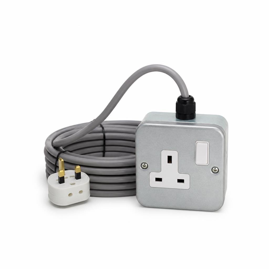 JET 8119 13A 1G METAL CLAD SWITCH SOCKET C/W 10M 40/0076 CABLE + PLUG TOP