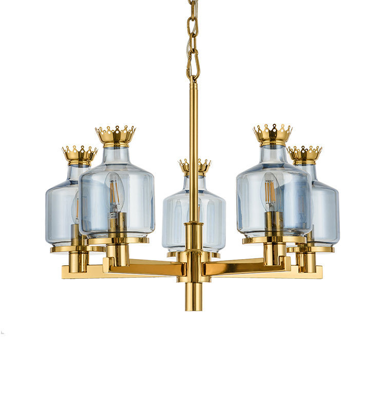 Modern Crown Blue Glass Trumpet Chandelier F00216D-5-ZA (Mirror titanium + Blue)