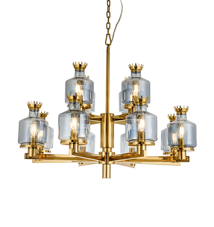 Modern Crown Blue Glass Trumpet Chandelier (Large) F00216D-8+4-ZA (Mirror titanium + Blue)