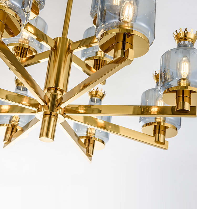 Modern Crown Blue Glass Trumpet Chandelier (Large) F00216D-8+4-ZA (Mirror titanium + Blue)