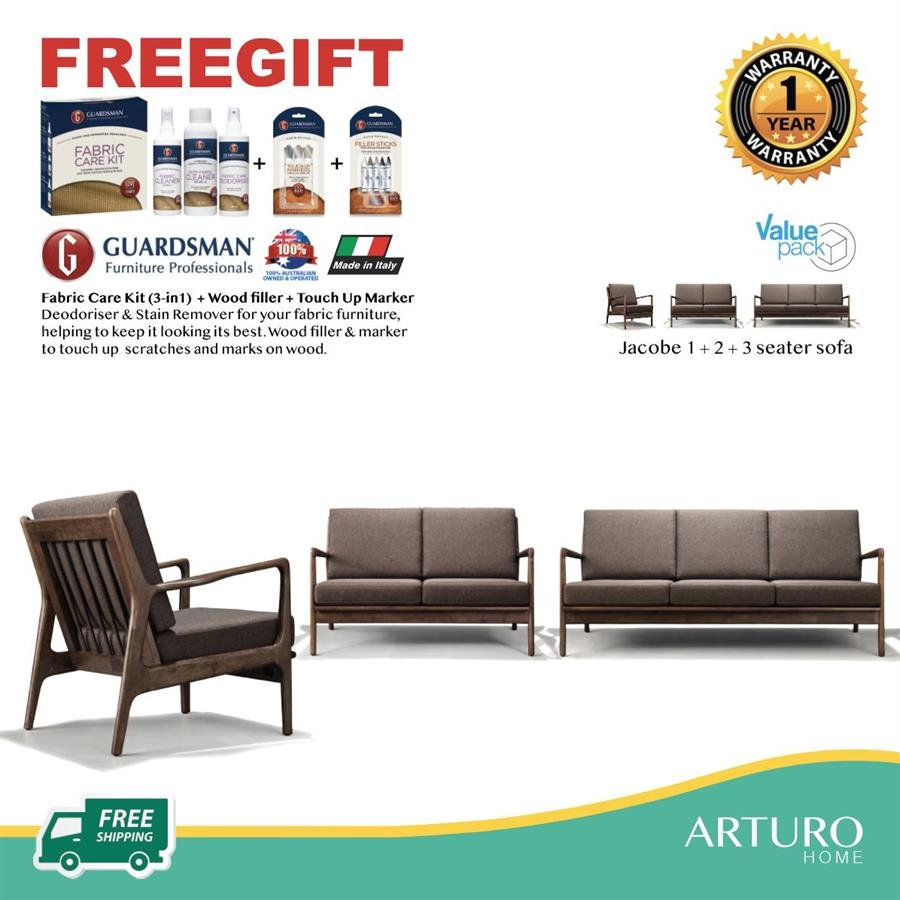 Arturo - Jacobe 1 + 2 + 3 Seater Sofa Set/ Armchair/ Love Seat/ Mid-century Design/ Retro/ Solid Wood/ Brown Fabric Sofa (FREE Shipping to West Malaysia)