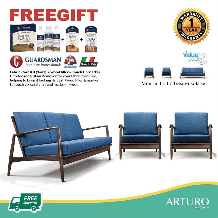 Arturo - Mourin 1 + 1 + 3 Seater Sofa Sofa Set/ Fabric Sofa/ Solid Wood Sofa/ Mid-century Design/ Retro Sofa/ FREE Shipping to West Malaysia