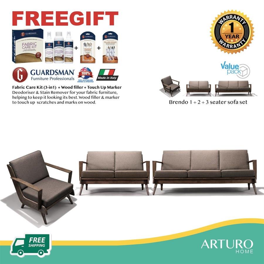 Arturo - Brendo 1+ 2 + 3 Seater Sofa Set/ Brown Fabric Sofa/ Mid-century Design/ Retro/ Solid Wood (FREE Shipping to West Malaysia)