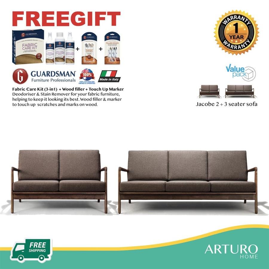 Arturo - Jacobe 2 Seater Sofa + 3 Seater Sofa Set/ Love Seat/ Mid-century Design/ Retro/ Solid Wood/ Brown Fabric Sofa (FREE Shipping to West Malaysia)