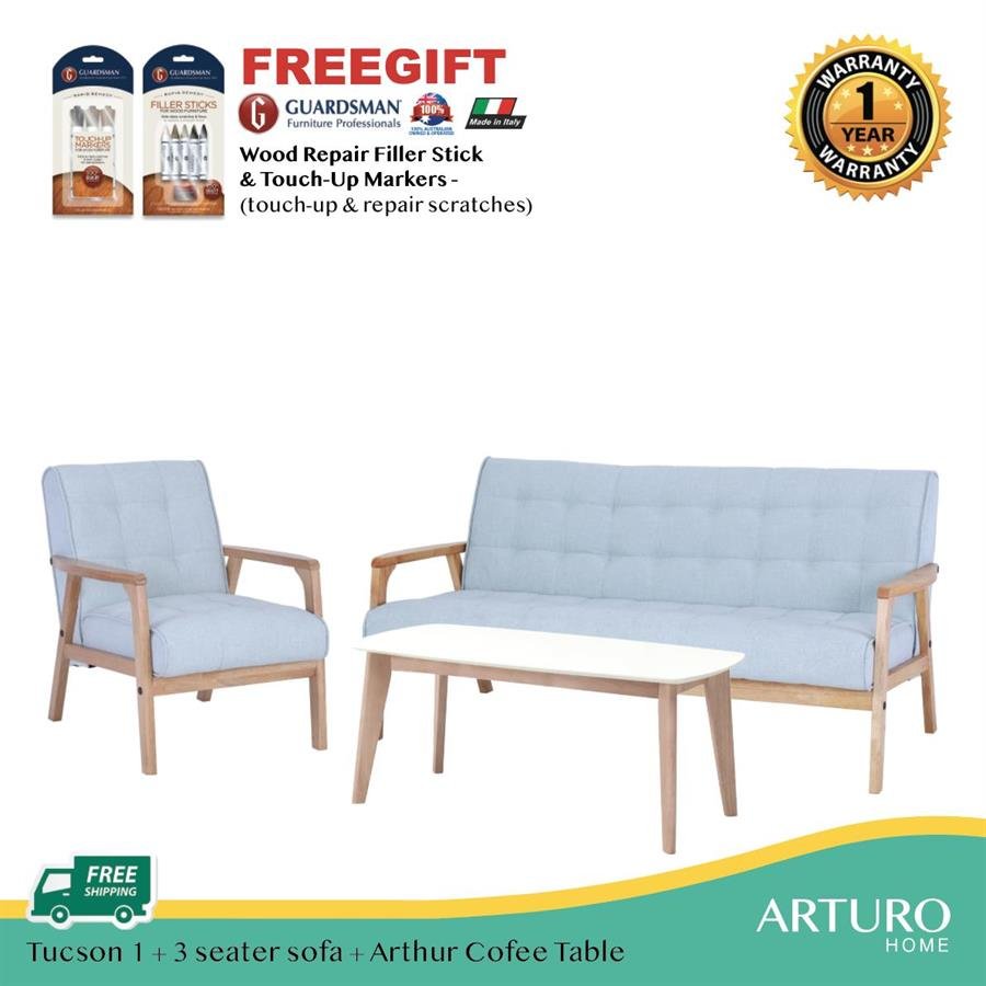 Arturo - Tucson 1 + 3 Seater Sofa + Coffee Table Set + FREE Guardsman Touch Up Kit/ Solid Wood/ Black Synthetic Leather/ Blue Fabric Sofa/ Brown Fabric Sofa (Free Shipping to West Malaysia)