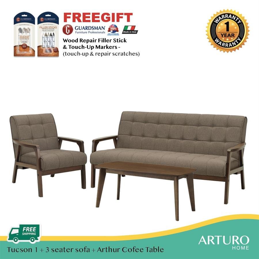 Arturo - Tucson 1 + 3 Seater Sofa + Coffee Table Set + FREE Guardsman Touch Up Kit/ Solid Wood/ Black Synthetic Leather/ Blue Fabric Sofa/ Brown Fabric Sofa (Free Shipping to West Malaysia)