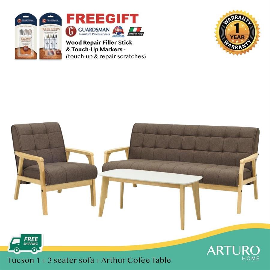 Arturo - Tucson 1 + 3 Seater Sofa + Coffee Table Set + FREE Guardsman Touch Up Kit/ Solid Wood/ Black Synthetic Leather/ Blue Fabric Sofa/ Brown Fabric Sofa (Free Shipping to West Malaysia)