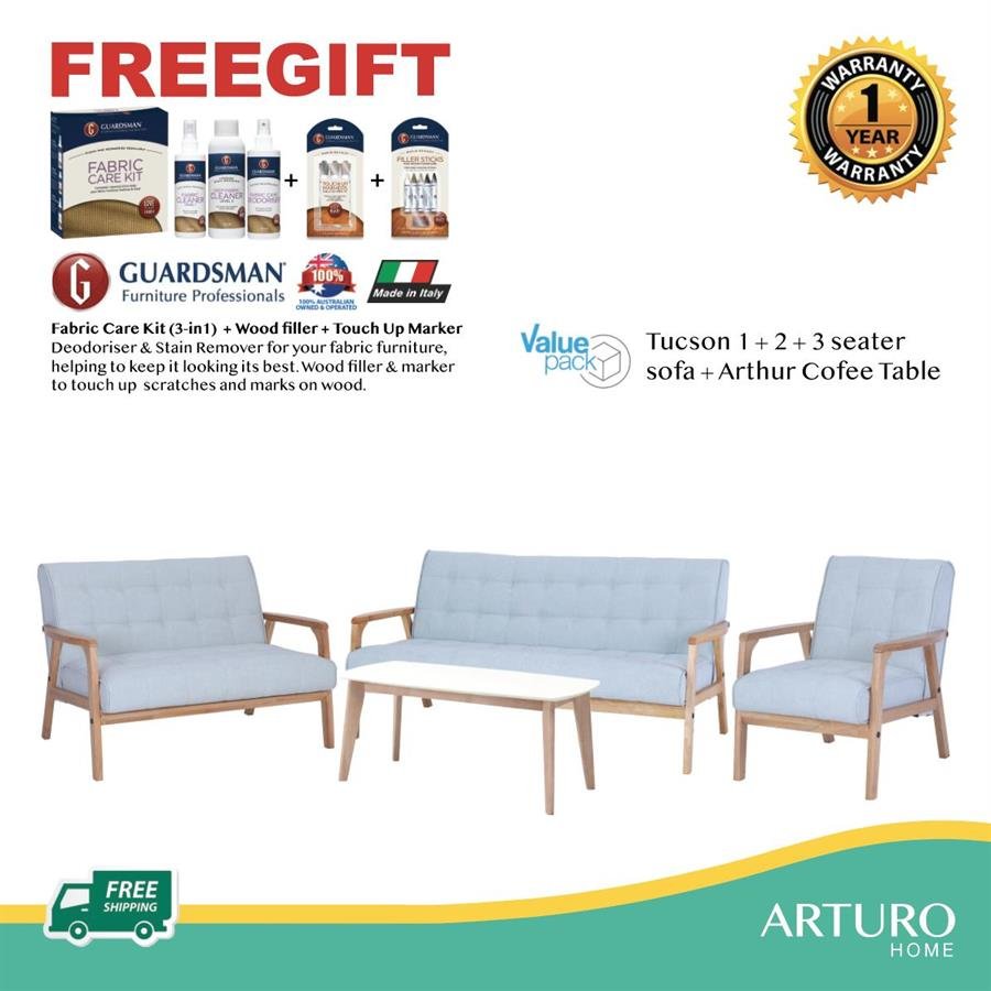 Arturo - Tucson 1 + 2 + 3 Seater Sofa + Coffee Table Set + FREE Guardsman Fabric Care Kit + Touch Up Kit / Solid Wood/ Black Synthetic Leather/ Blue Fabric Sofa/ Brown Fabric Sofa (Free Shipping to West Malaysia)