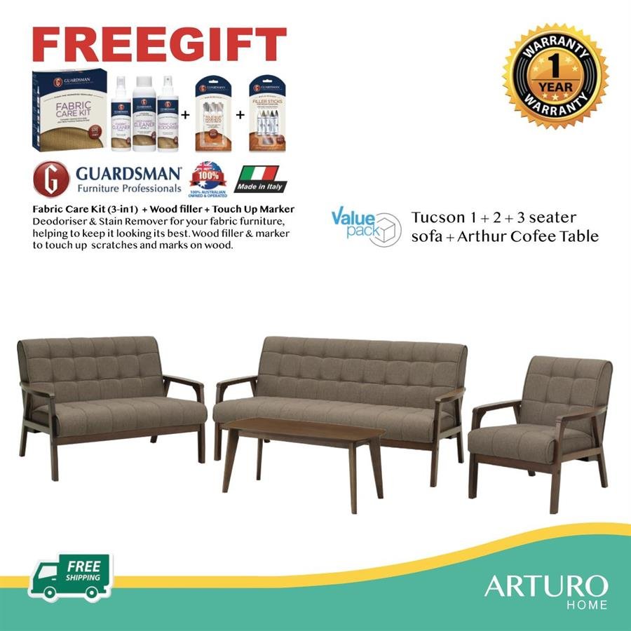 Arturo - Tucson 1 + 2 + 3 Seater Sofa + Coffee Table Set + FREE Guardsman Fabric Care Kit + Touch Up Kit / Solid Wood/ Black Synthetic Leather/ Blue Fabric Sofa/ Brown Fabric Sofa (Free Shipping to West Malaysia)
