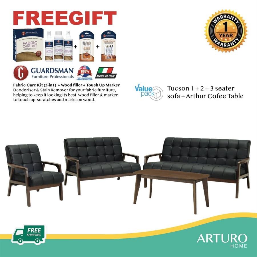 Arturo - Tucson 1 + 2 + 3 Seater Sofa + Coffee Table Set + FREE Guardsman Fabric Care Kit + Touch Up Kit / Solid Wood/ Black Synthetic Leather/ Blue Fabric Sofa/ Brown Fabric Sofa (Free Shipping to West Malaysia)