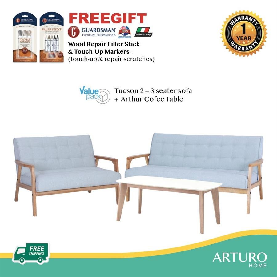 Arturo - Tucson 2 + 3 Seater Sofa + Coffee Table Set + FREE Guardsman Touch-up Kit/ Solid Wood/ Black Synthetic Leather/ Blue Fabric Sofa/ Brown Fabric Sofa (Free Shipping to West Malaysia)