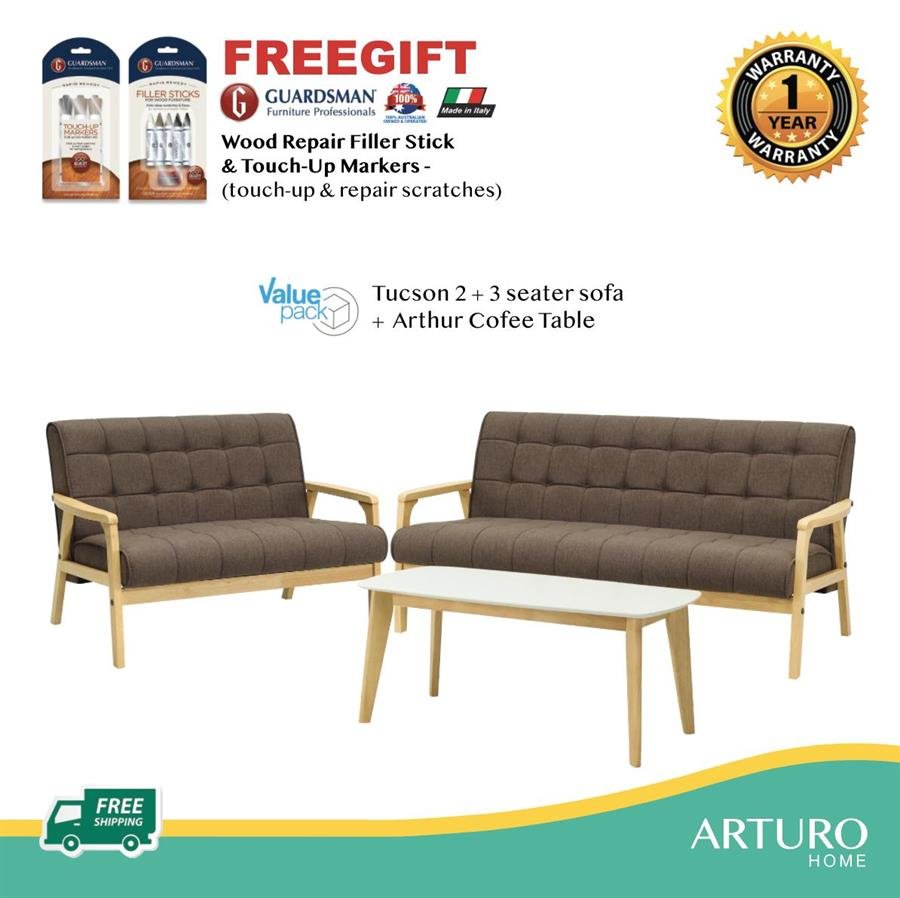 Arturo - Tucson 2 + 3 Seater Sofa + Coffee Table Set + FREE Guardsman Touch-up Kit/ Solid Wood/ Black Synthetic Leather/ Blue Fabric Sofa/ Brown Fabric Sofa (Free Shipping to West Malaysia)
