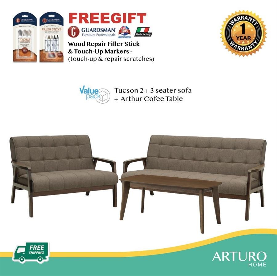 Arturo - Tucson 2 + 3 Seater Sofa + Coffee Table Set + FREE Guardsman Touch-up Kit/ Solid Wood/ Black Synthetic Leather/ Blue Fabric Sofa/ Brown Fabric Sofa (Free Shipping to West Malaysia)