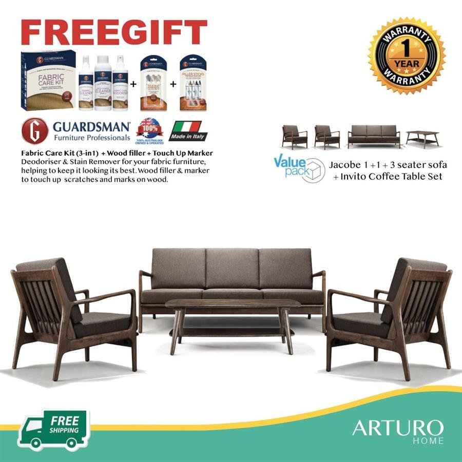 Arturo - Jacobe Living Room Set  (1 + 1 + 3 seater + Cofee Table) / Arm Chair/ Coffee Table/ 3 seater sofa/ Mid-century Design/ Retro/ Solid Wood/ Brown Fabric Sofa (FREE Shipping to West Malaysia)