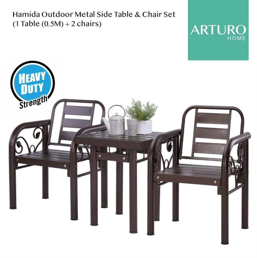 Arturo - Hamida Outdoor Metal Side Table + 2 Chairs Set/ Power Coated Metal/ Cafe Set/ Outdoor Set (FREE Shipping to West Malaysia)