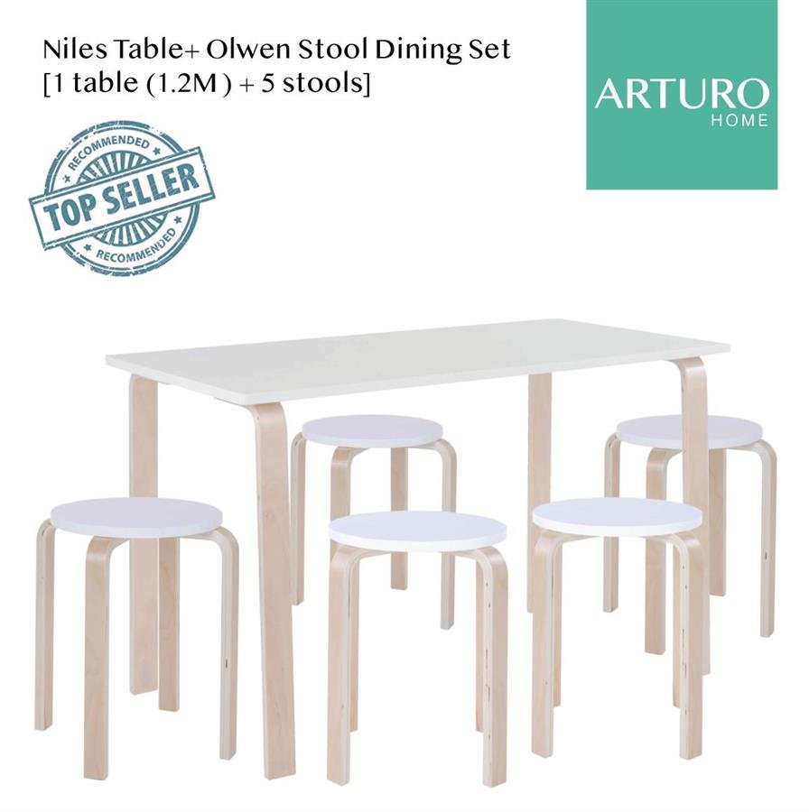 Arturo Niles Table + Olwen Dining Stool Set (1 table + 5 stools)