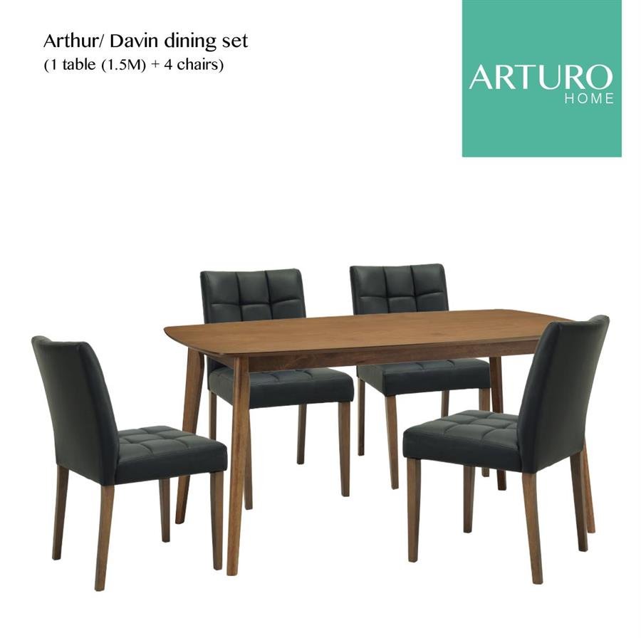 Arturo - Arthur + Davin Dining Set (1.5M) (1 table + 4 chairs)/ Solid Wood Table/ Solid Wood Chairs/ Fabric Chairs (FREE Shipping to West Malaysia)