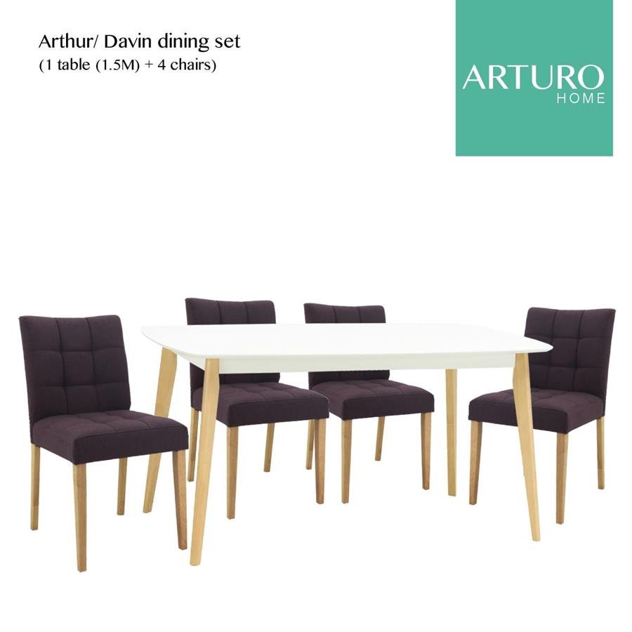 Arturo - Arthur + Davin Dining Set (1.5M) (1 table + 4 chairs)/ Solid Wood Table/ Solid Wood Chairs/ Fabric Chairs (FREE Shipping to West Malaysia)