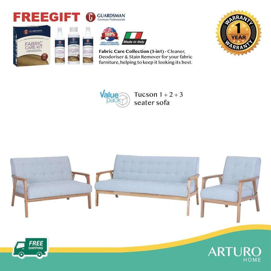 Arturo - Tucson 1 + 2 + 3 Seater Sofa Set / Solid Wood/ Black Synthetic Leather/ Blue Fabric Sofa/ Brown Fabric Sofa (Free Shipping to West Malaysia)