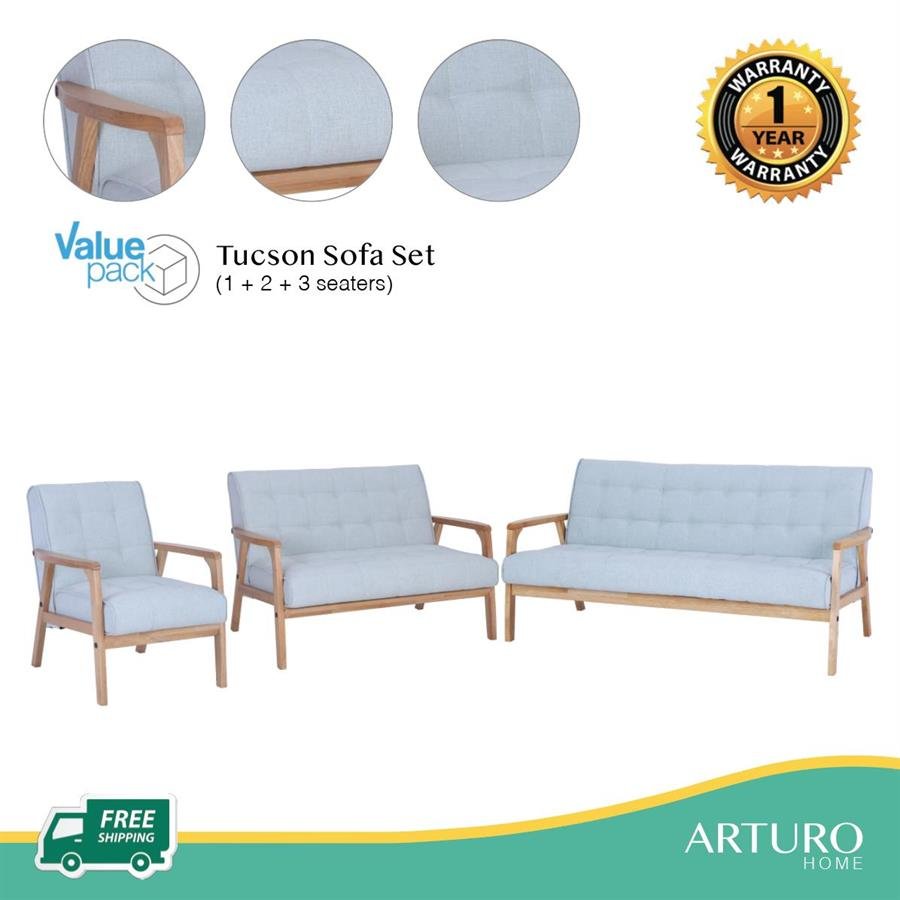 Arturo - Tucson 1 + 2 + 3 Seater Sofa Set / Solid Wood/ Black Synthetic Leather/ Blue Fabric Sofa/ Brown Fabric Sofa (Free Shipping to West Malaysia)