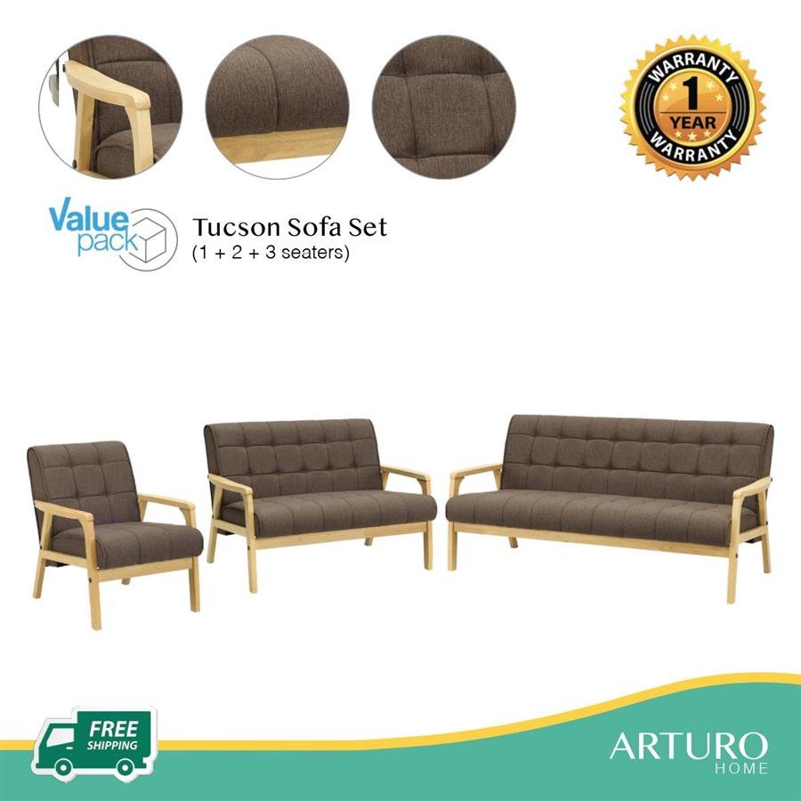 Arturo - Tucson 1 + 2 + 3 Seater Sofa Set / Solid Wood/ Black Synthetic Leather/ Blue Fabric Sofa/ Brown Fabric Sofa (Free Shipping to West Malaysia)