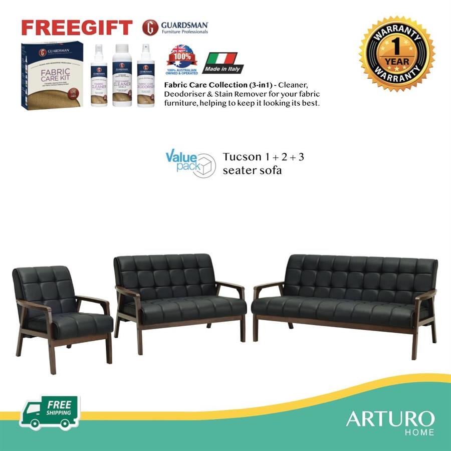 Arturo - Tucson 1 + 2 + 3 Seater Sofa Set / Solid Wood/ Black Synthetic Leather/ Blue Fabric Sofa/ Brown Fabric Sofa (Free Shipping to West Malaysia)