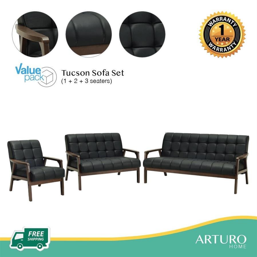 Arturo - Tucson 1 + 2 + 3 Seater Sofa Set / Solid Wood/ Black Synthetic Leather/ Blue Fabric Sofa/ Brown Fabric Sofa (Free Shipping to West Malaysia)
