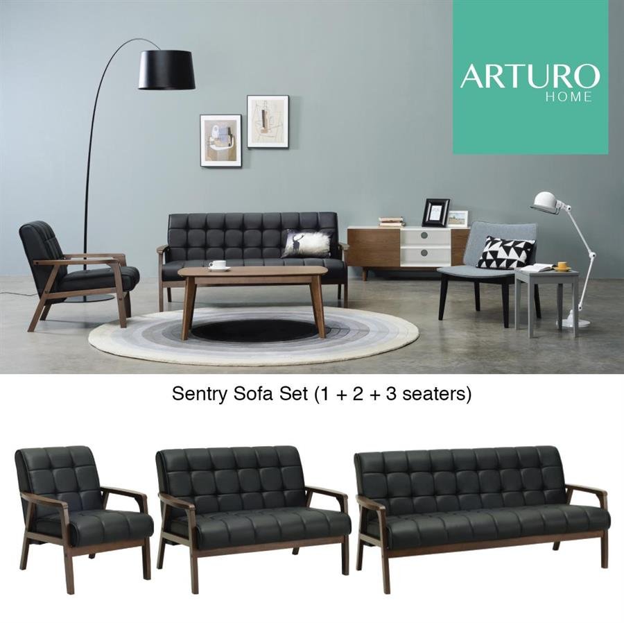 Arturo - Tucson 1 + 2 + 3 Seater Sofa Set / Solid Wood/ Black Synthetic Leather/ Blue Fabric Sofa/ Brown Fabric Sofa (Free Shipping to West Malaysia)