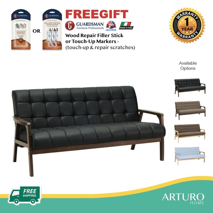 Arturo - Tucson 3 Seater Sofa/ Solid Wood/ Black Synthetic Leather/ Blue Fabric Sofa/ Brown Fabric Sofa (Free Shipping to West Malaysia)