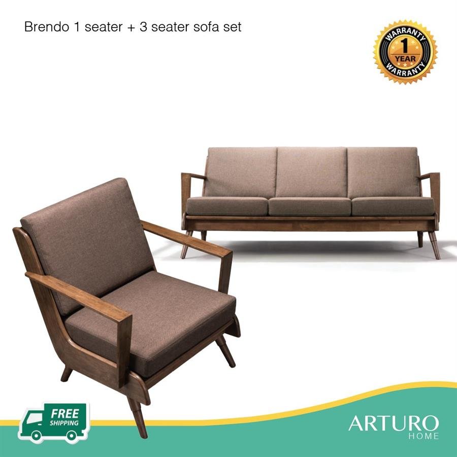 Arturo - Brendo 1 + 3 Seater Sofa Set/ Brown Fabric Sofa/ Mid-century Design/ Retro/ Solid Wood (FREE Shipping to West Malaysia)