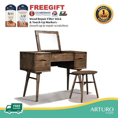 Arturo - Paula Dressing Table Set with Matching Stool and Retractable Mirror/ Vanity Table/ Make Up Table/ Solid Wood/ Mid-century Design/ Retro Design (FREE Shipping to West Malaysia)