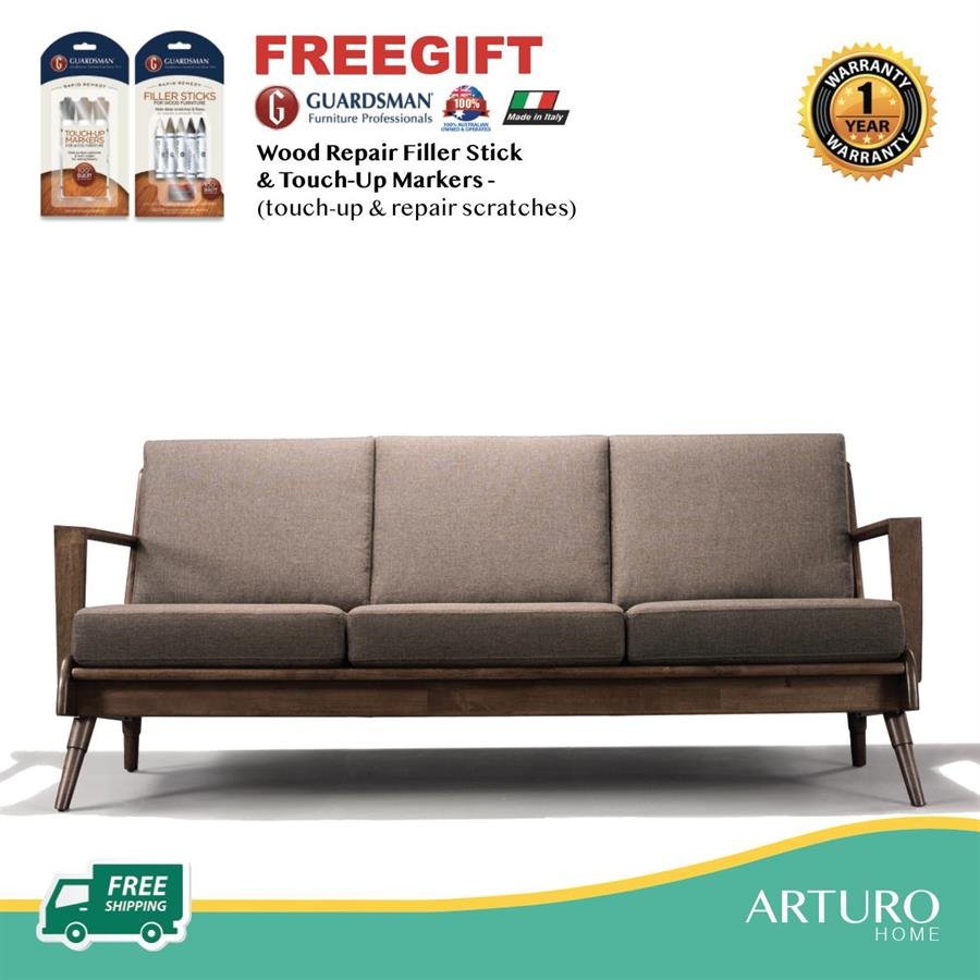 Arturo - Brendo 3 Seater Sofa/ Brown Fabric Sofa/ Mid-century design/ Retro/ Solid Wood (FREE Shipping to West Malaysia)