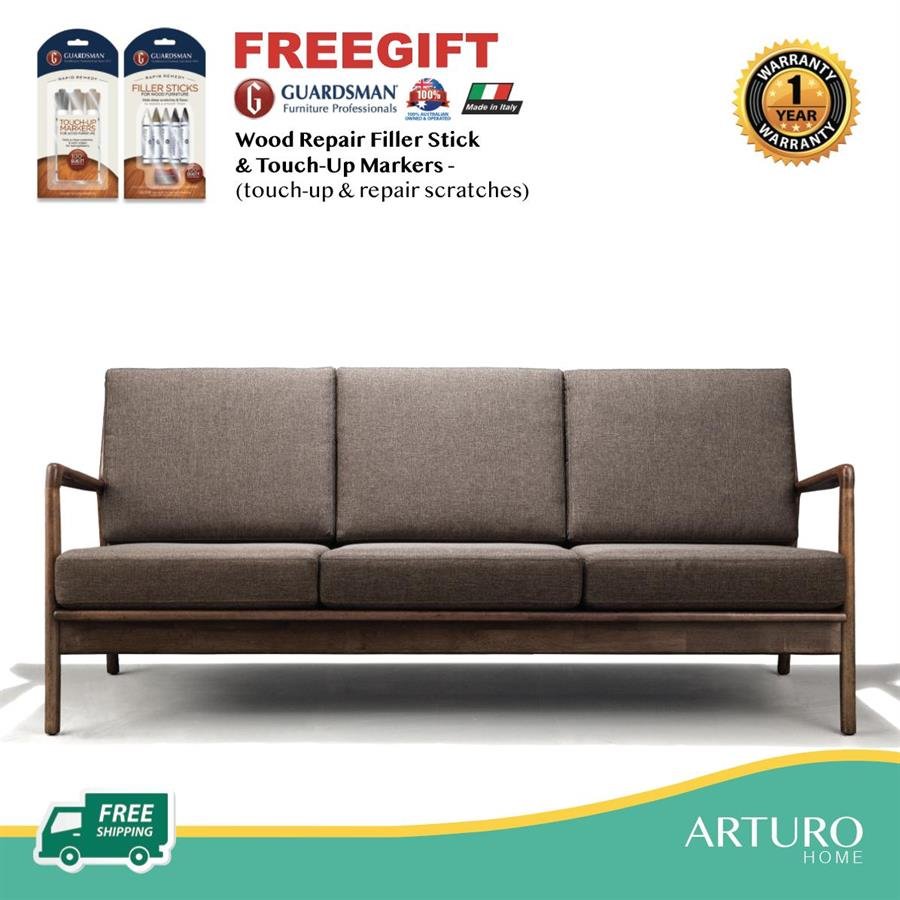 Arturo - Jacobe 3 Seater Sofa/ Mid-century design/ Retro/ Solid Wood/ Walnut Brown/ Brown Fabric (FREE Delivery to West Malaysia)