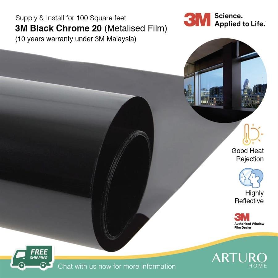 Supply & Install 3M Black Chrome 10/20 Film for 100 square feet/ Window Tinting Service/ 3M Window Film/ Window Treatment (FREE Shipping & Installation for West Malaysia)