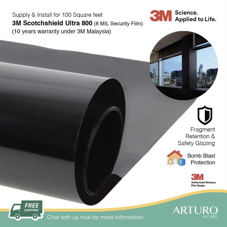 Supply & Install 3M Scotchfield Ultra 600/ 800 Safety & Security Film for 100 square feet/ Window Tinting Service/ 3M Window Film/ Window Treatment (FREE Shipping & Installation for West Malaysia)