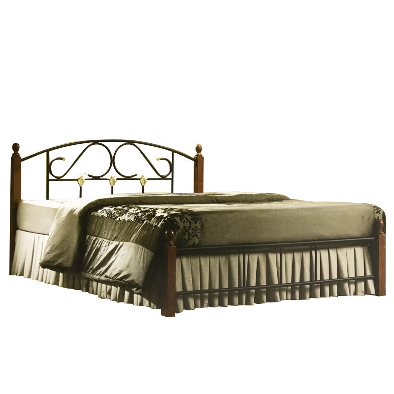 GHANA queen size metal bed with wooden post-Walnut