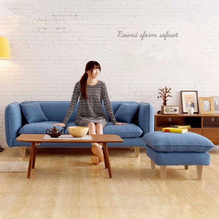 CHLOE 3 seater L shaped fabric sofa with foot stool-Blue