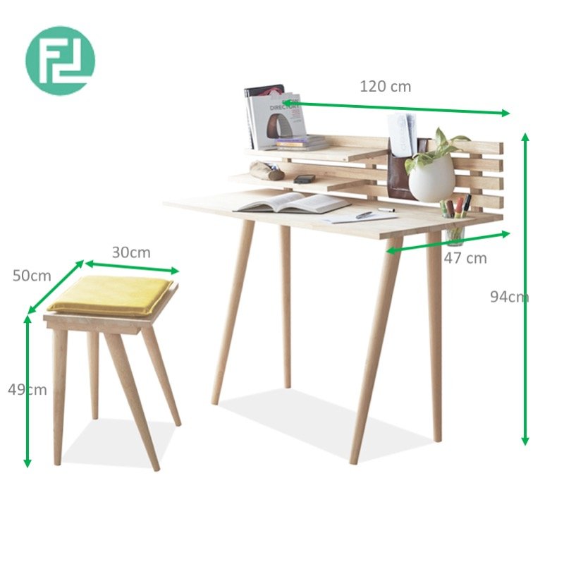 BUSAN full solid wood study desk with stool-natural