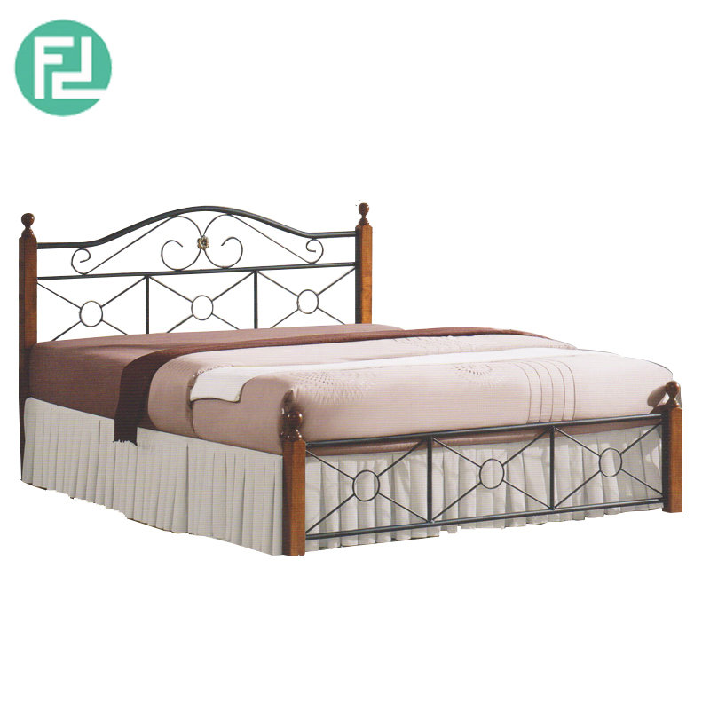 CORALE queen size metal bed with wooden post-Walnut