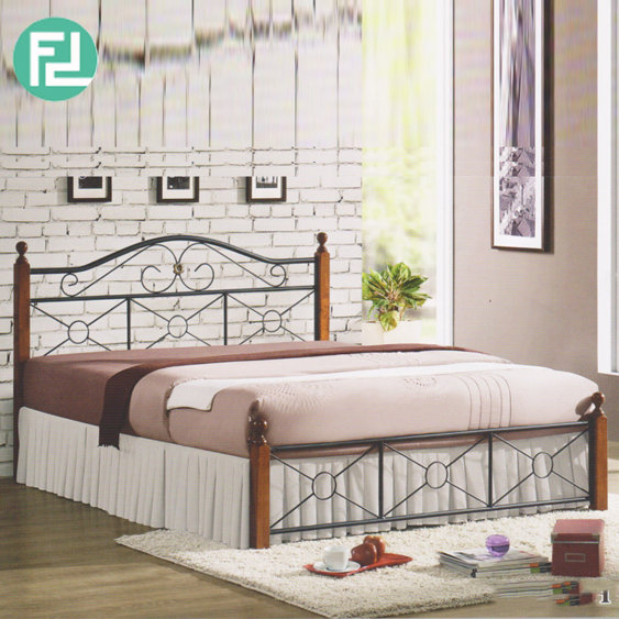 CORALE queen size metal bed with wooden post-Walnut