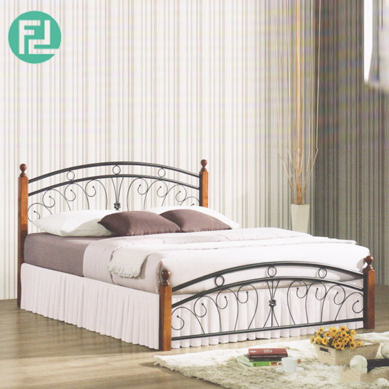 OKEN queen size metal bed with wooden post-Walnut
