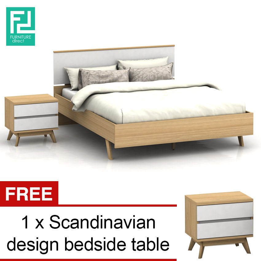 SELENA queen size bedframe with 1 bedside table-oak